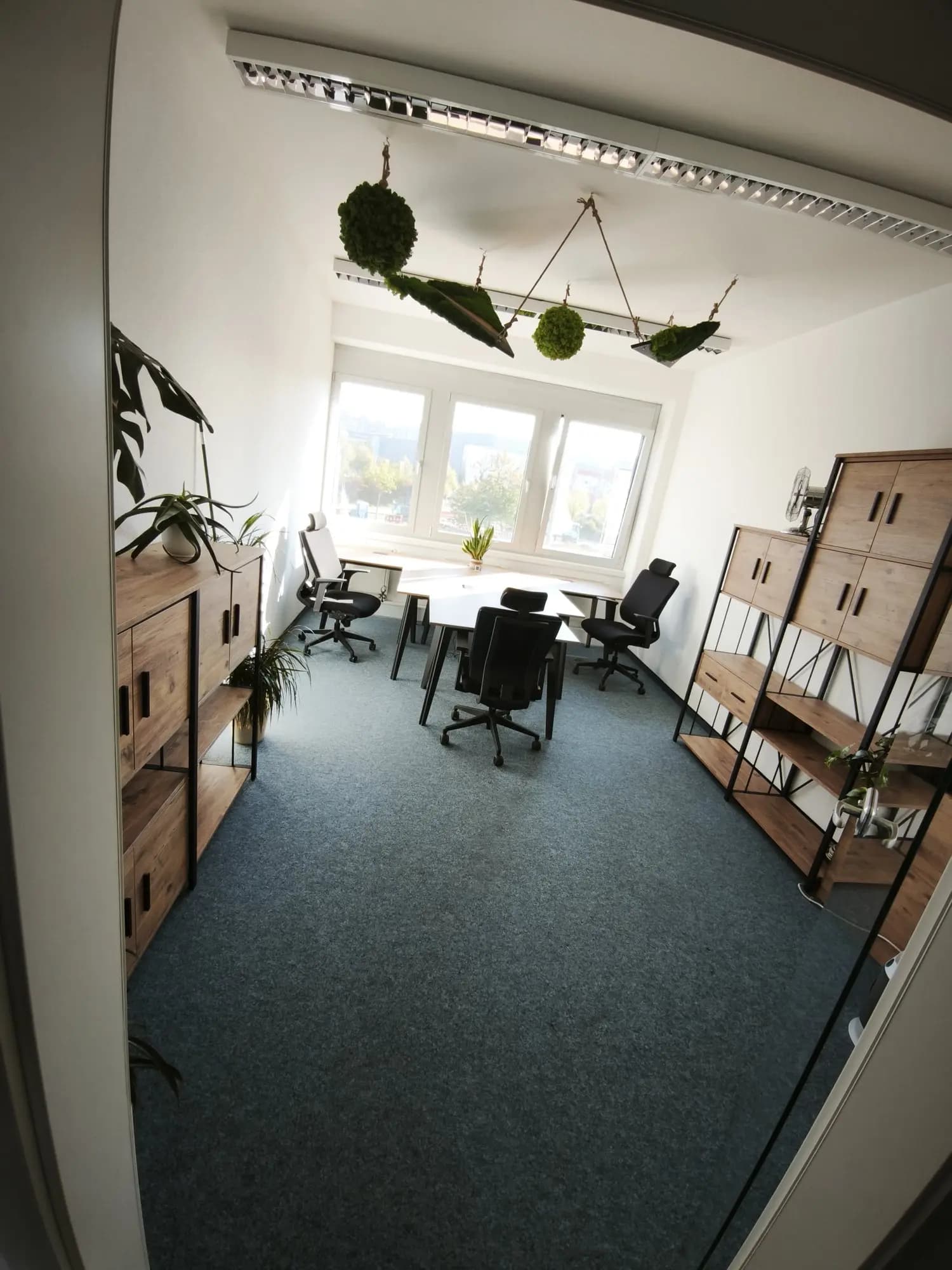 Long white desk with two black chairs, black cabinets, and a window wall