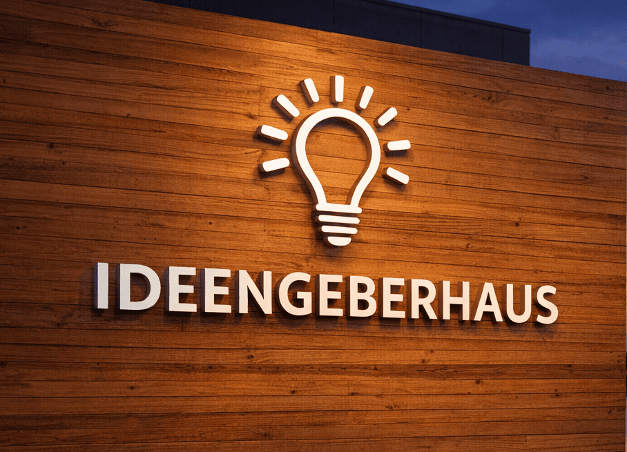 ideenGeberHaus Fassade mit beleuchtetem Logo